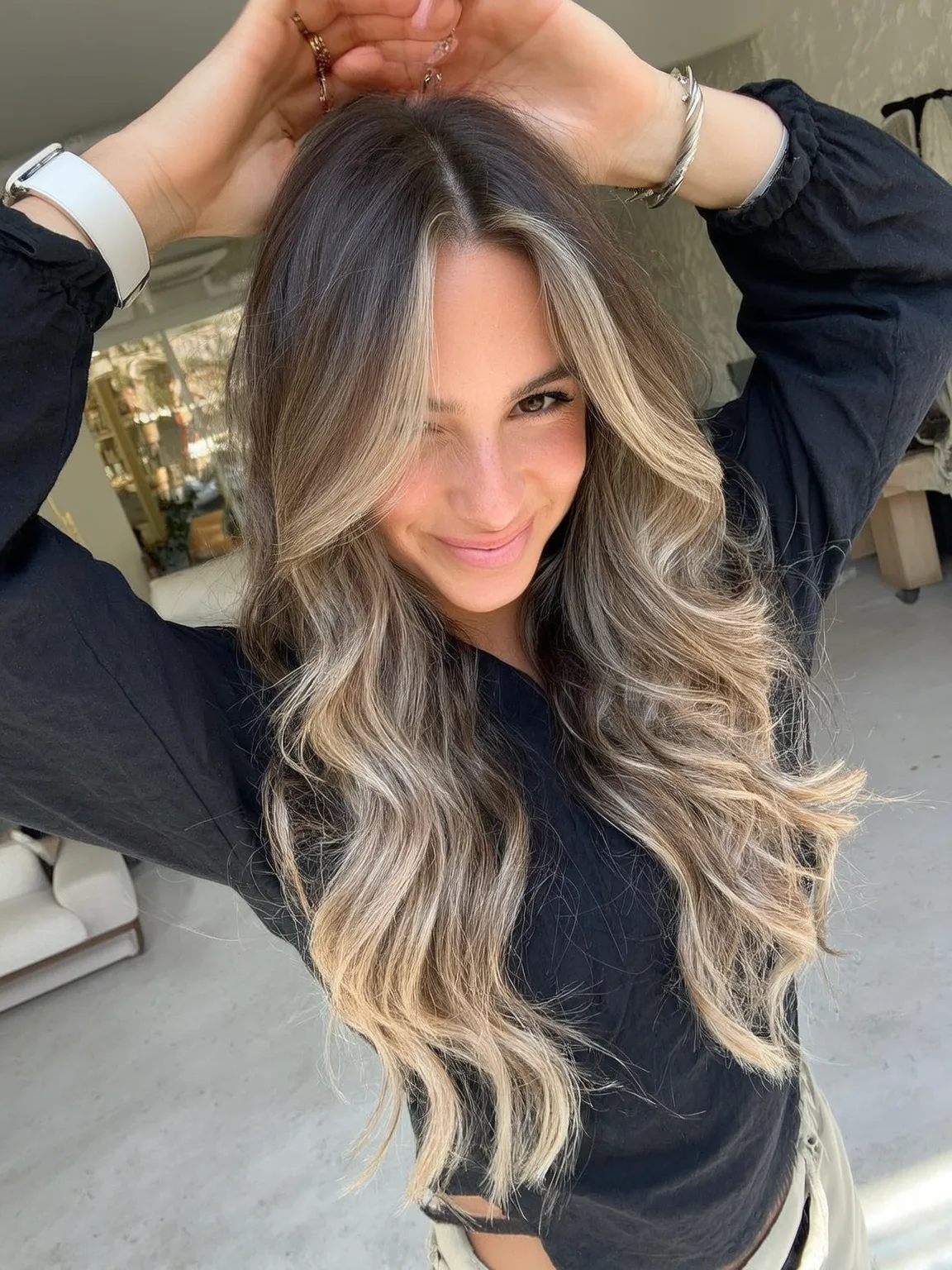 Long Layered Waves with Ash Blonde Balayage